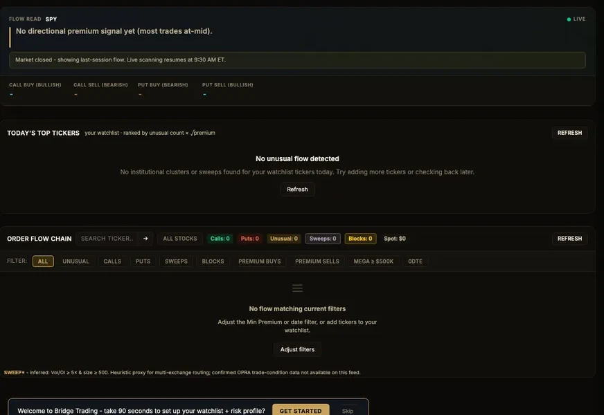 Bridge Trading options flow scanner showing order flow chain for SPY with directional premium signals and unusual activity