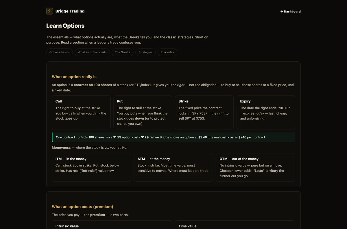 Bridge Trading Learn library — options basics, Greeks, pricing, risk, and strategy education built into the platform